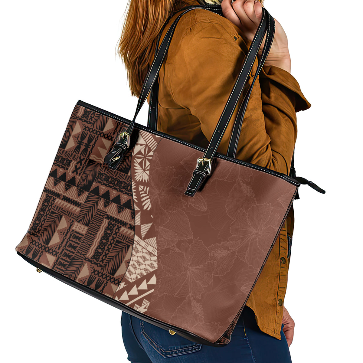 Bula Fiji Leather Tote Bag Tribal Masi Tapa - Brown - Wonder Print Shop