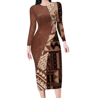 Bula Fiji Long Sleeve Bodycon Dress Tribal Masi Tapa - Brown - Wonder Print Shop