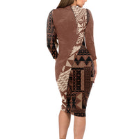 Bula Fiji Long Sleeve Bodycon Dress Tribal Masi Tapa - Brown - Wonder Print Shop