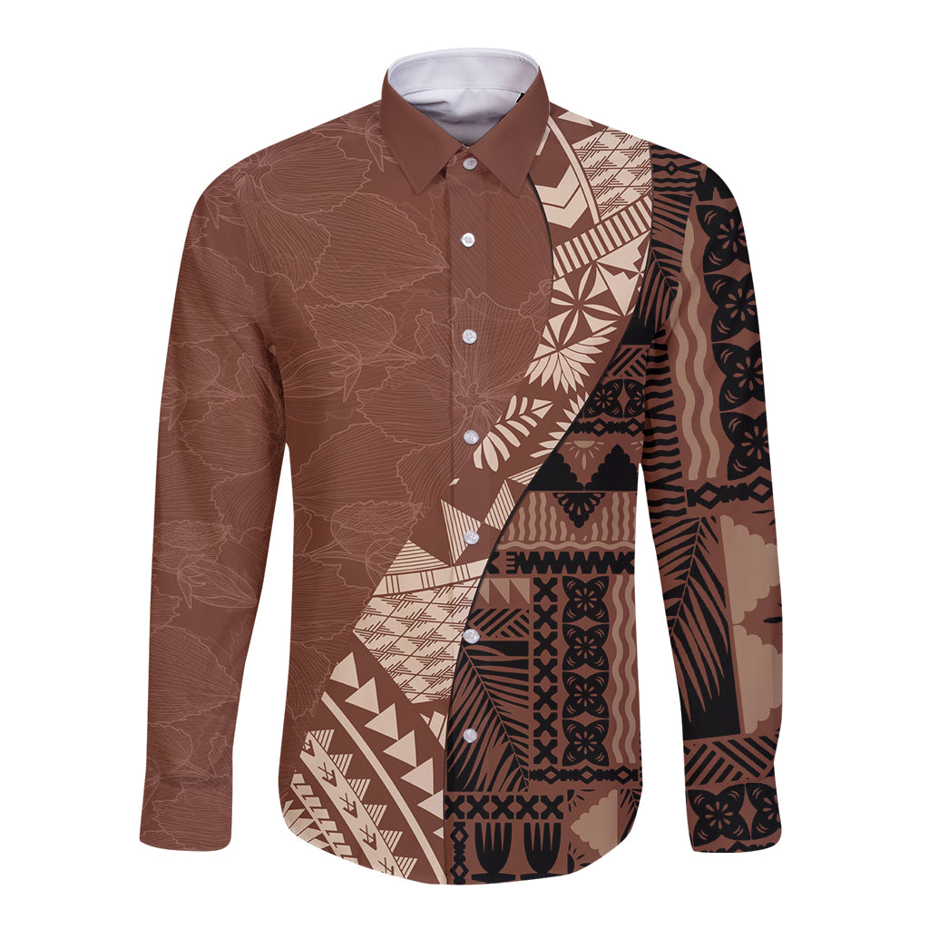 Bula Fiji Long Sleeve Button Shirt Tribal Masi Tapa - Brown - Wonder Print Shop