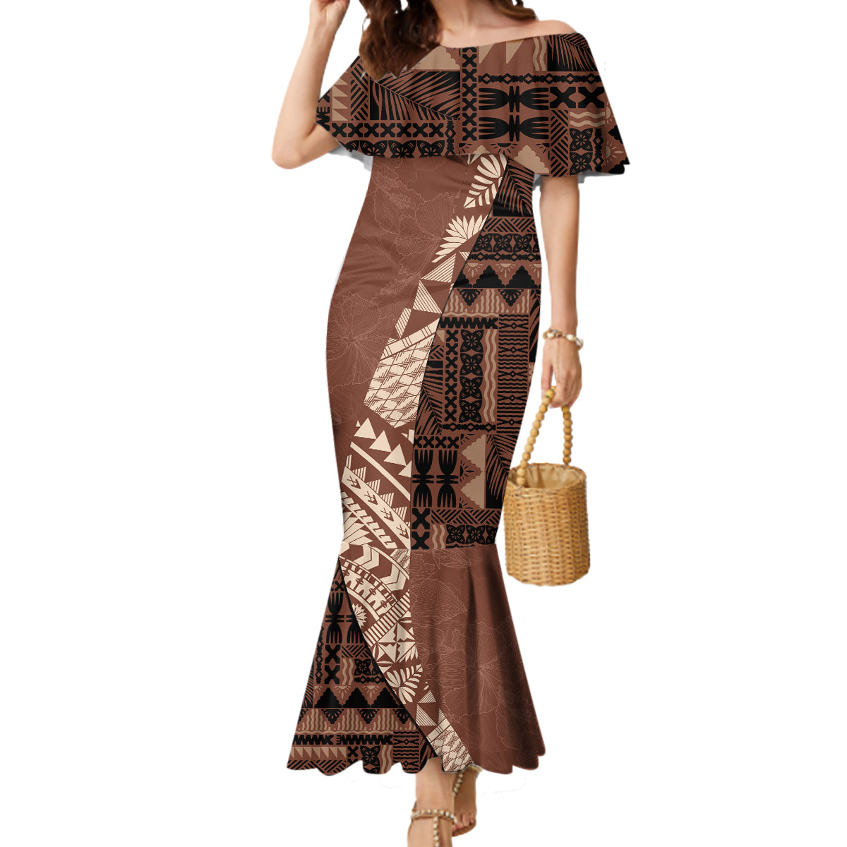 Bula Fiji Mermaid Dress Tribal Masi Tapa - Brown - Wonder Print Shop