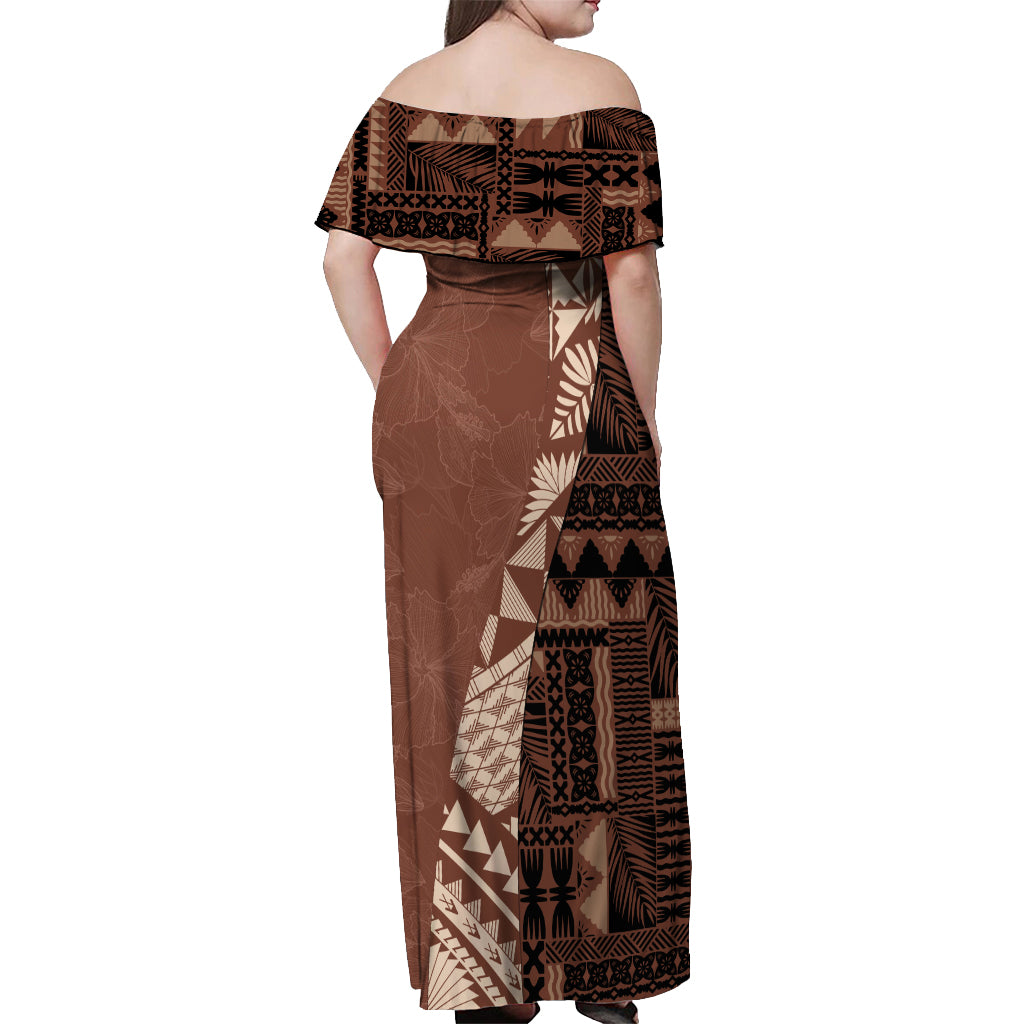 Bula Fiji Off Shoulder Maxi Dress Tribal Masi Tapa - Brown - Wonder Print Shop