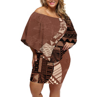 Bula Fiji Off Shoulder Short Dress Tribal Masi Tapa - Brown - Wonder Print Shop