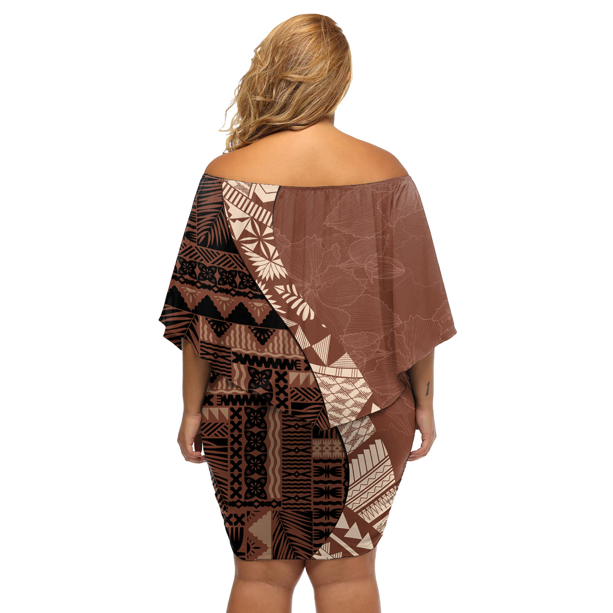 Bula Fiji Off Shoulder Short Dress Tribal Masi Tapa - Brown - Wonder Print Shop