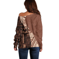 Bula Fiji Off Shoulder Sweater Tribal Masi Tapa - Brown - Wonder Print Shop