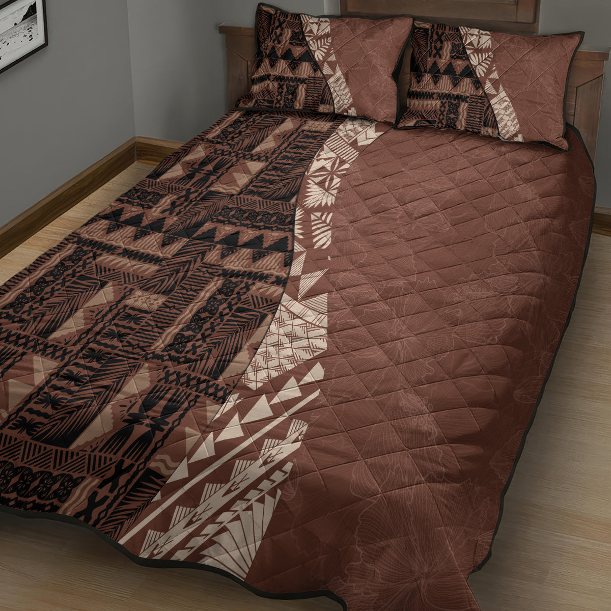 Bula Fiji Quilt Bed Set Tribal Masi Tapa - Brown - Wonder Print Shop