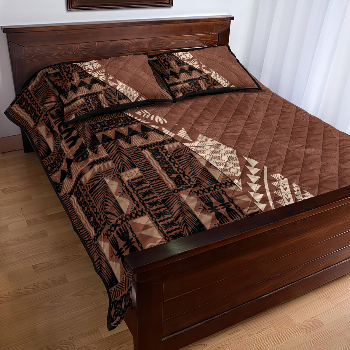 Bula Fiji Quilt Bed Set Tribal Masi Tapa - Brown - Wonder Print Shop