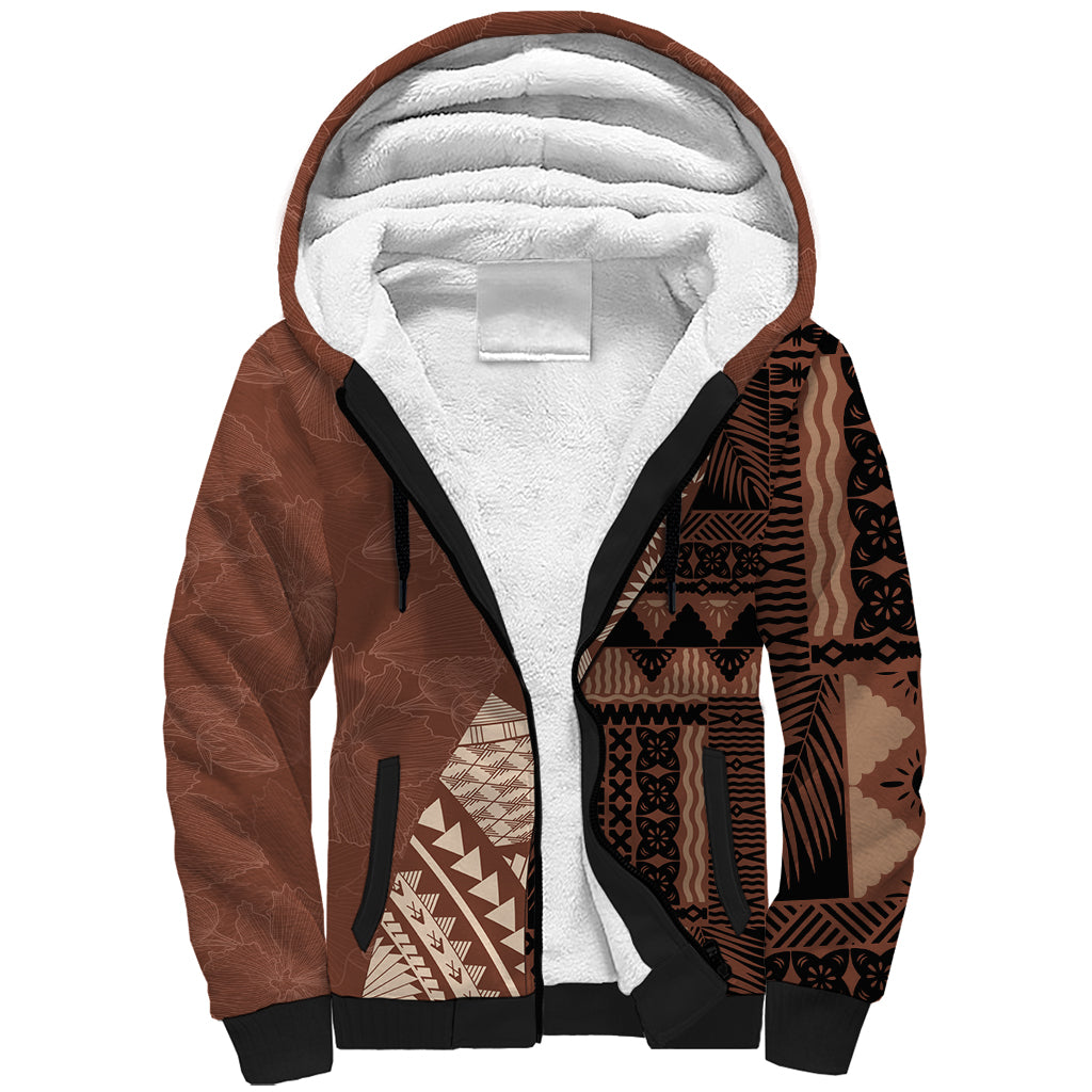 Bula Fiji Sherpa Hoodie Tribal Masi Tapa - Brown - Wonder Print Shop