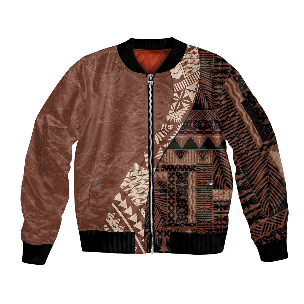 Bula Fiji Sleeve Zip Bomber Jacket Tribal Masi Tapa - Brown - Wonder Print Shop
