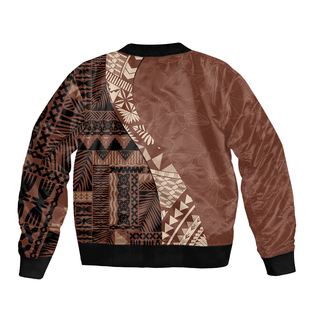 Bula Fiji Sleeve Zip Bomber Jacket Tribal Masi Tapa - Brown - Wonder Print Shop