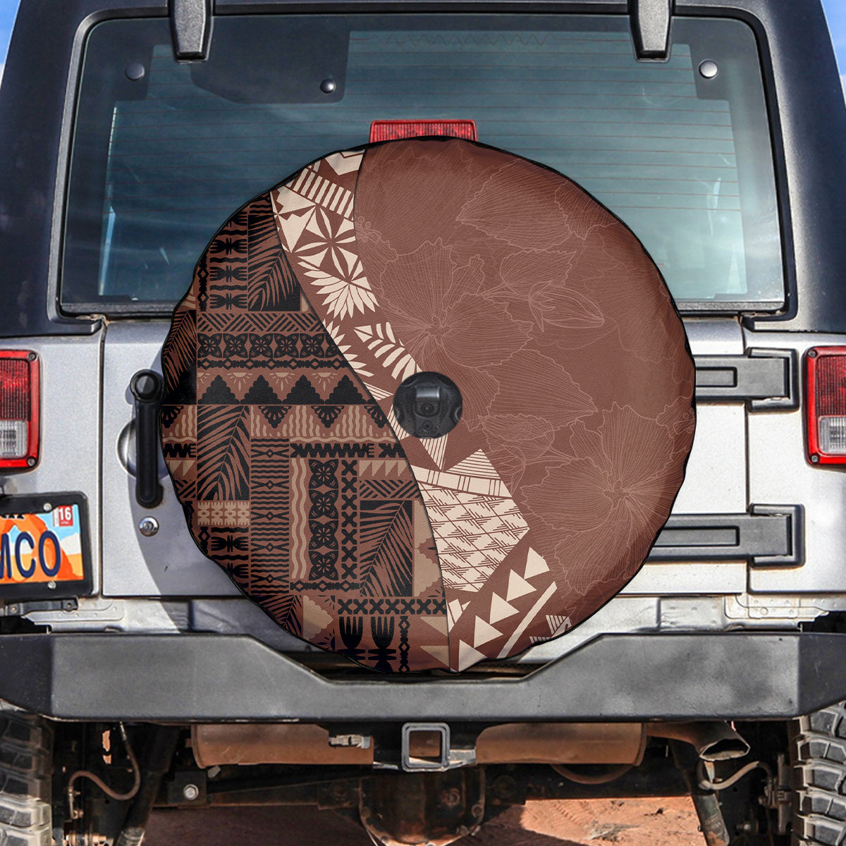 Bula Fiji Spare Tire Cover Tribal Masi Tapa - Brown - Wonder Print Shop