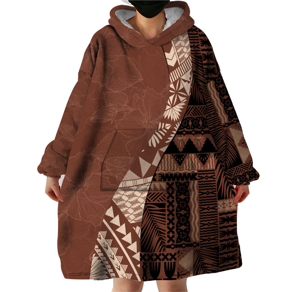 Bula Fiji Wearable Blanket Hoodie Tribal Masi Tapa - Brown - Wonder Print Shop