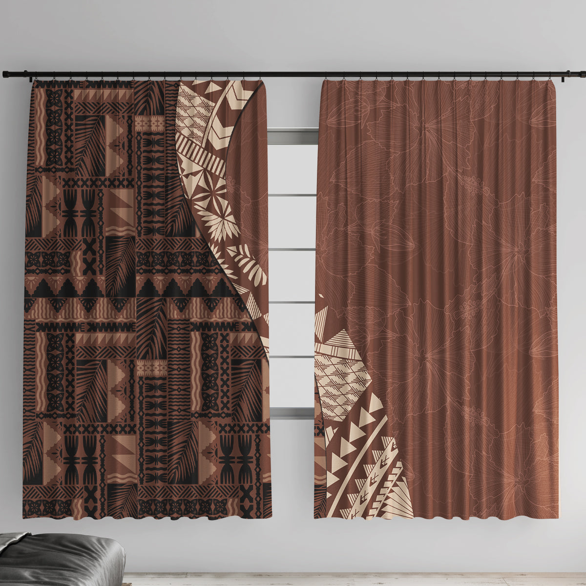 Bula Fiji Window Curtain Tribal Masi Tapa - Brown - Wonder Print Shop