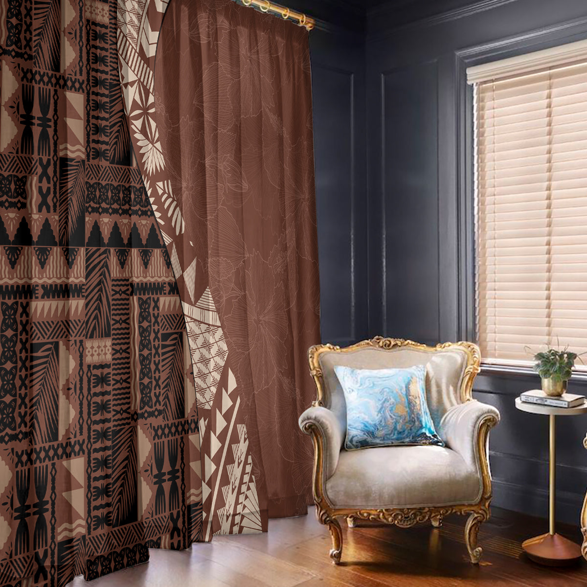 Bula Fiji Window Curtain Tribal Masi Tapa - Brown - Wonder Print Shop