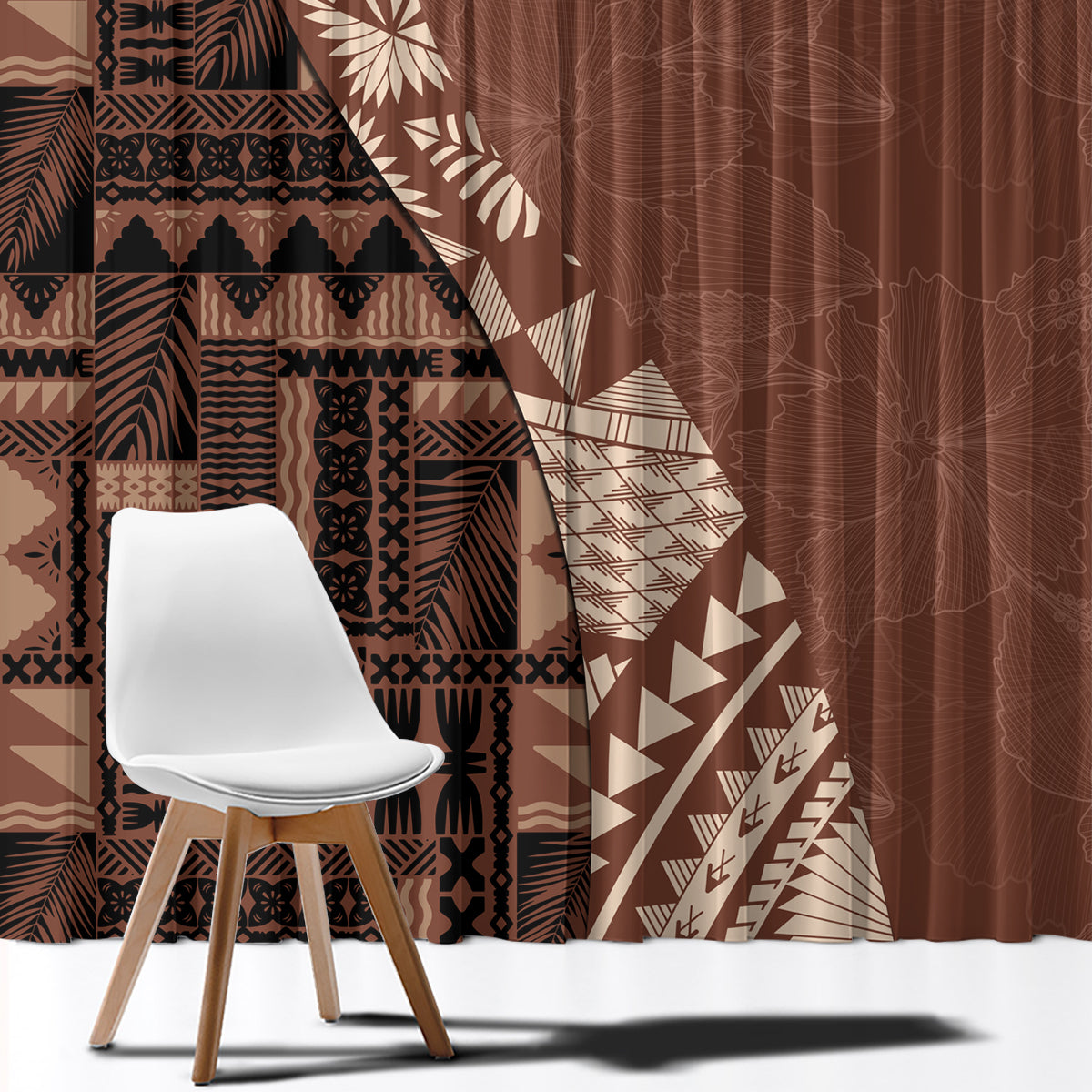 Bula Fiji Window Curtain Tribal Masi Tapa - Brown - Wonder Print Shop