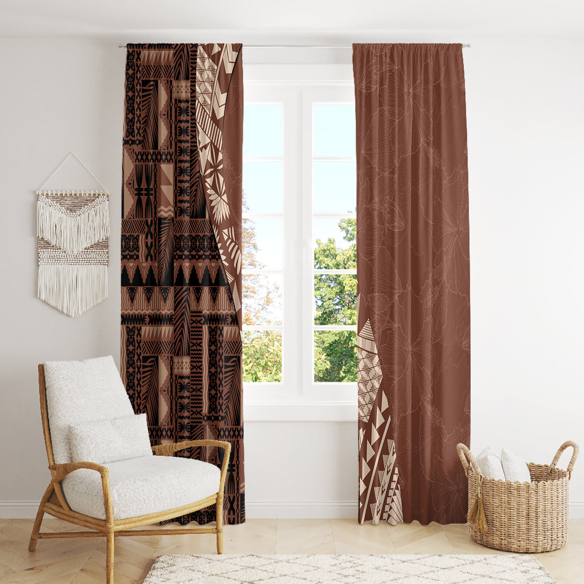 Bula Fiji Window Curtain Tribal Masi Tapa - Brown - Wonder Print Shop