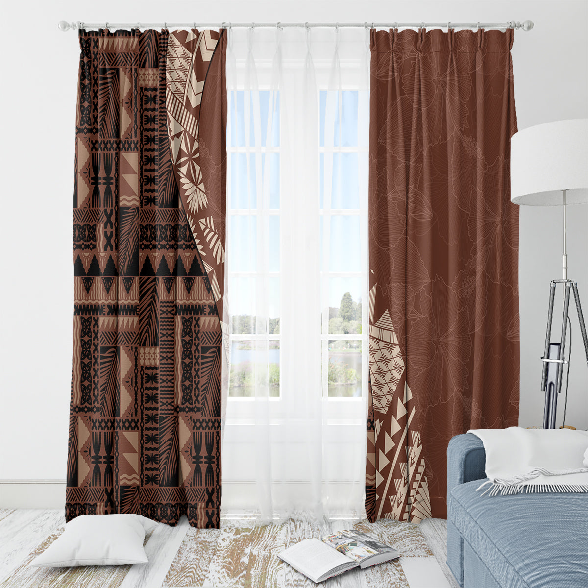 Bula Fiji Window Curtain Tribal Masi Tapa - Brown - Wonder Print Shop