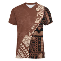 Bula Fiji Women V Neck T Shirt Tribal Masi Tapa - Brown - Wonder Print Shop