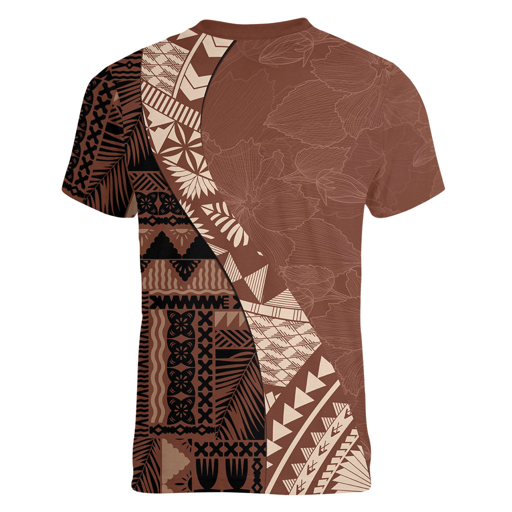 Bula Fiji Women V Neck T Shirt Tribal Masi Tapa - Brown - Wonder Print Shop