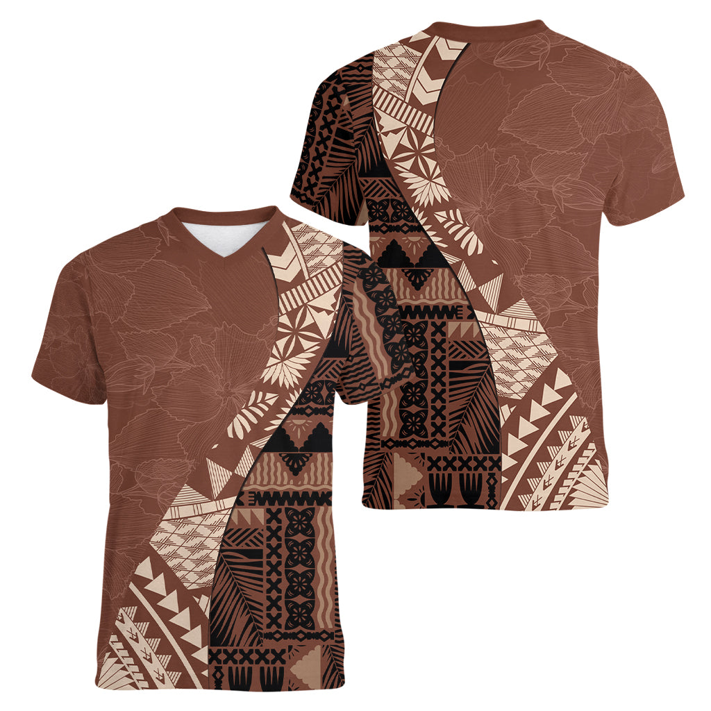 Bula Fiji Women V Neck T Shirt Tribal Masi Tapa - Brown - Wonder Print Shop