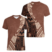 Bula Fiji Women V Neck T Shirt Tribal Masi Tapa - Brown - Wonder Print Shop