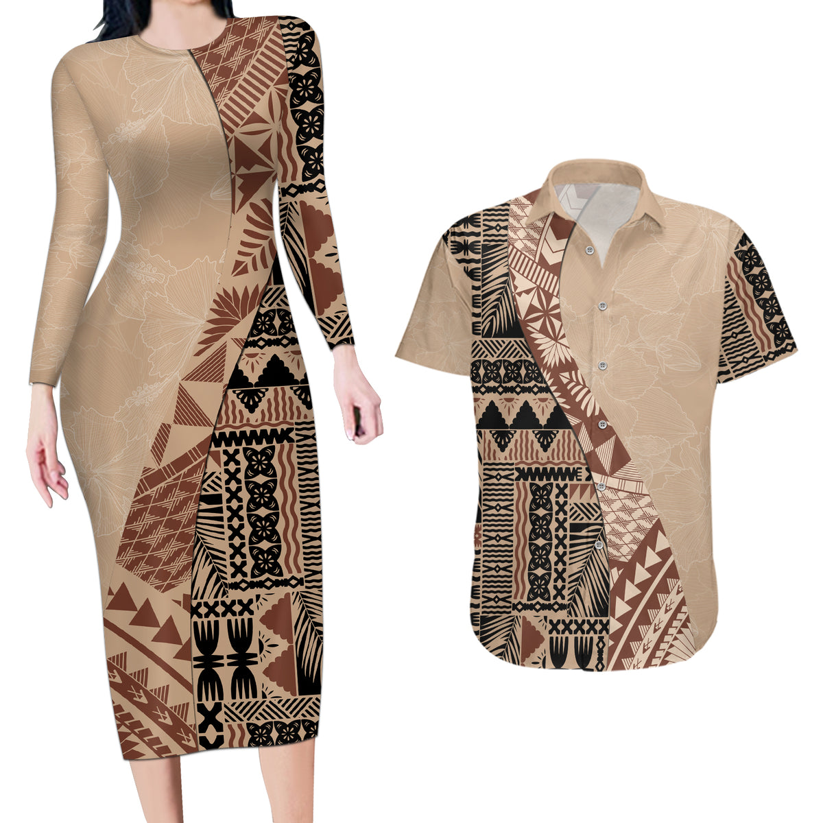 Bula Fiji Couples Matching Long Sleeve Bodycon Dress and Hawaiian Shirt Tribal Masi Tapa - Beige LT7 - Wonder Print Shop