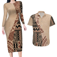 Bula Fiji Couples Matching Long Sleeve Bodycon Dress and Hawaiian Shirt Tribal Masi Tapa - Beige LT7 - Wonder Print Shop