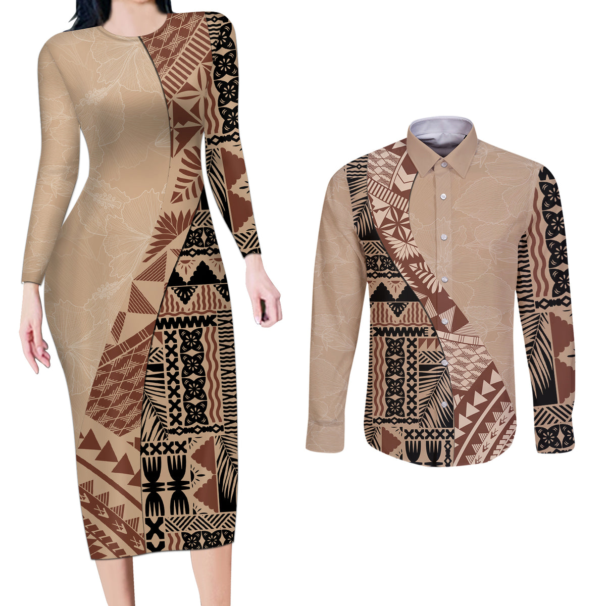 Bula Fiji Couples Matching Long Sleeve Bodycon Dress and Long Sleeve Button Shirt Tribal Masi Tapa - Beige LT7 - Wonder Print Shop