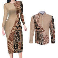 Bula Fiji Couples Matching Long Sleeve Bodycon Dress and Long Sleeve Button Shirt Tribal Masi Tapa - Beige LT7 - Wonder Print Shop