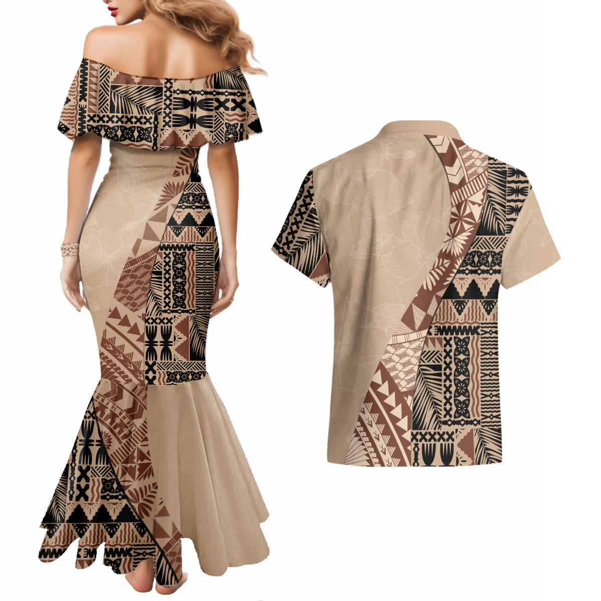 Bula Fiji Couples Matching Mermaid Dress and Hawaiian Shirt Tribal Masi Tapa - Beige LT7 - Wonder Print Shop