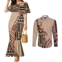 Bula Fiji Couples Matching Mermaid Dress and Long Sleeve Button Shirt Tribal Masi Tapa - Beige LT7