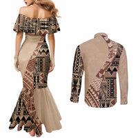 Bula Fiji Couples Matching Mermaid Dress and Long Sleeve Button Shirt Tribal Masi Tapa - Beige LT7
