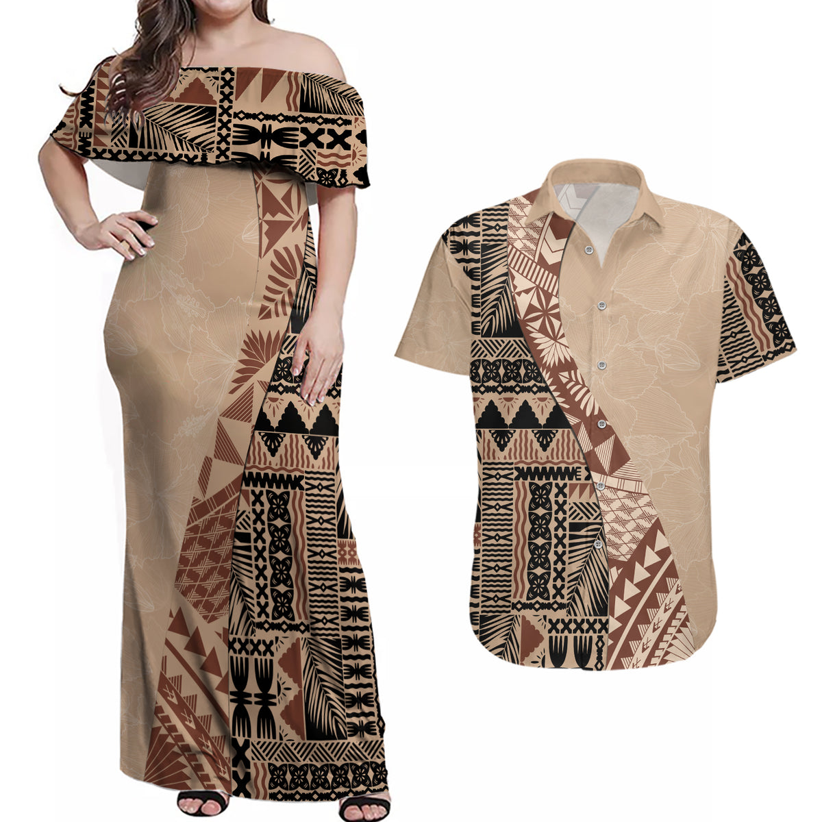 Bula Fiji Couples Matching Off Shoulder Maxi Dress and Hawaiian Shirt Tribal Masi Tapa - Beige LT7 - Wonder Print Shop