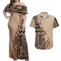 Bula Fiji Couples Matching Off Shoulder Maxi Dress and Hawaiian Shirt Tribal Masi Tapa - Beige LT7 - Wonder Print Shop