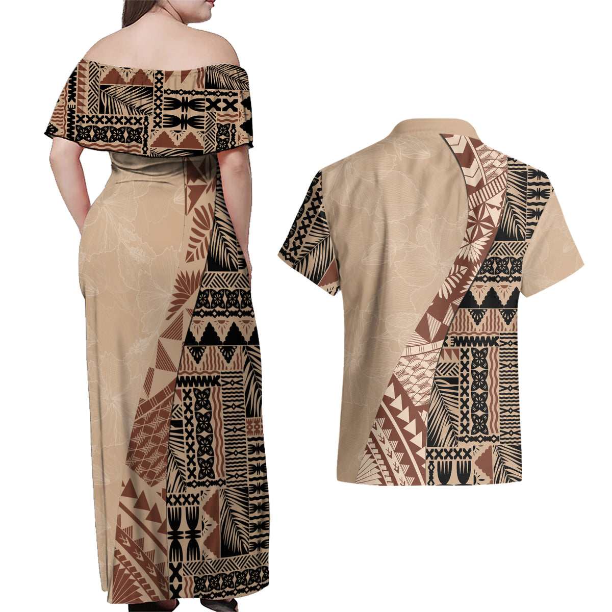 Bula Fiji Couples Matching Off Shoulder Maxi Dress and Hawaiian Shirt Tribal Masi Tapa - Beige LT7 - Wonder Print Shop