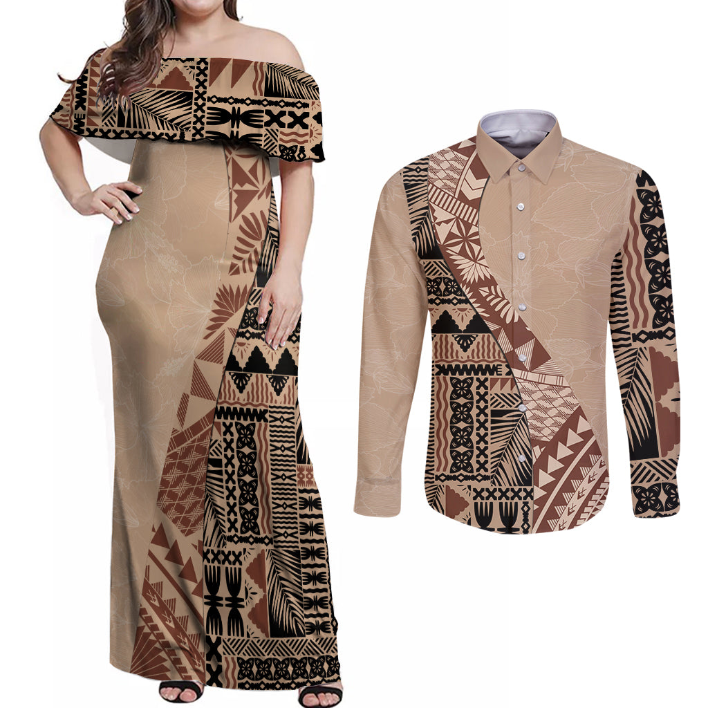 Bula Fiji Couples Matching Off Shoulder Maxi Dress and Long Sleeve Button Shirt Tribal Masi Tapa - Beige LT7 - Wonder Print Shop