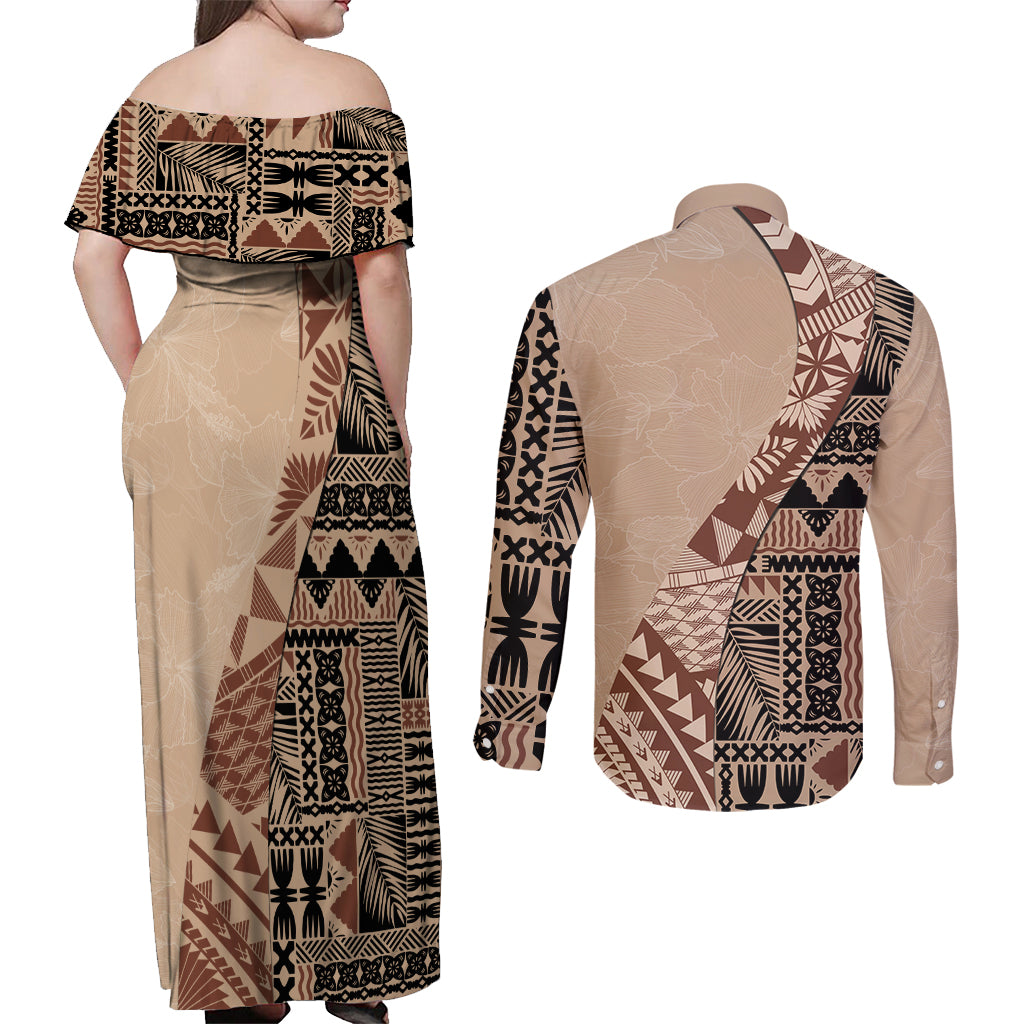 Bula Fiji Couples Matching Off Shoulder Maxi Dress and Long Sleeve Button Shirt Tribal Masi Tapa - Beige LT7 - Wonder Print Shop