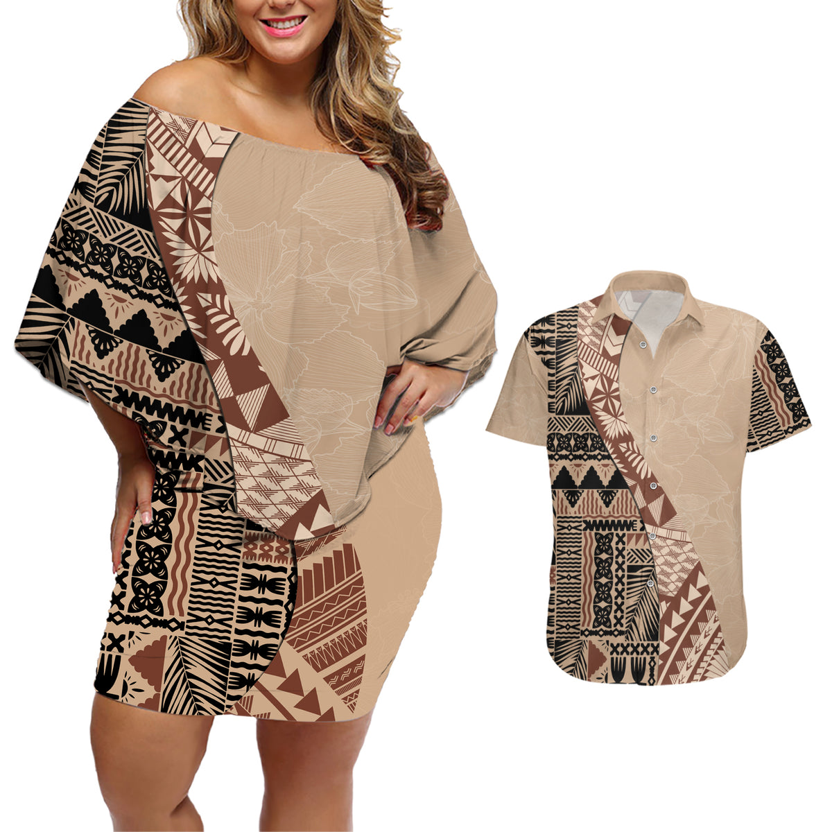 Bula Fiji Couples Matching Off Shoulder Short Dress and Hawaiian Shirt Tribal Masi Tapa - Beige LT7 - Wonder Print Shop