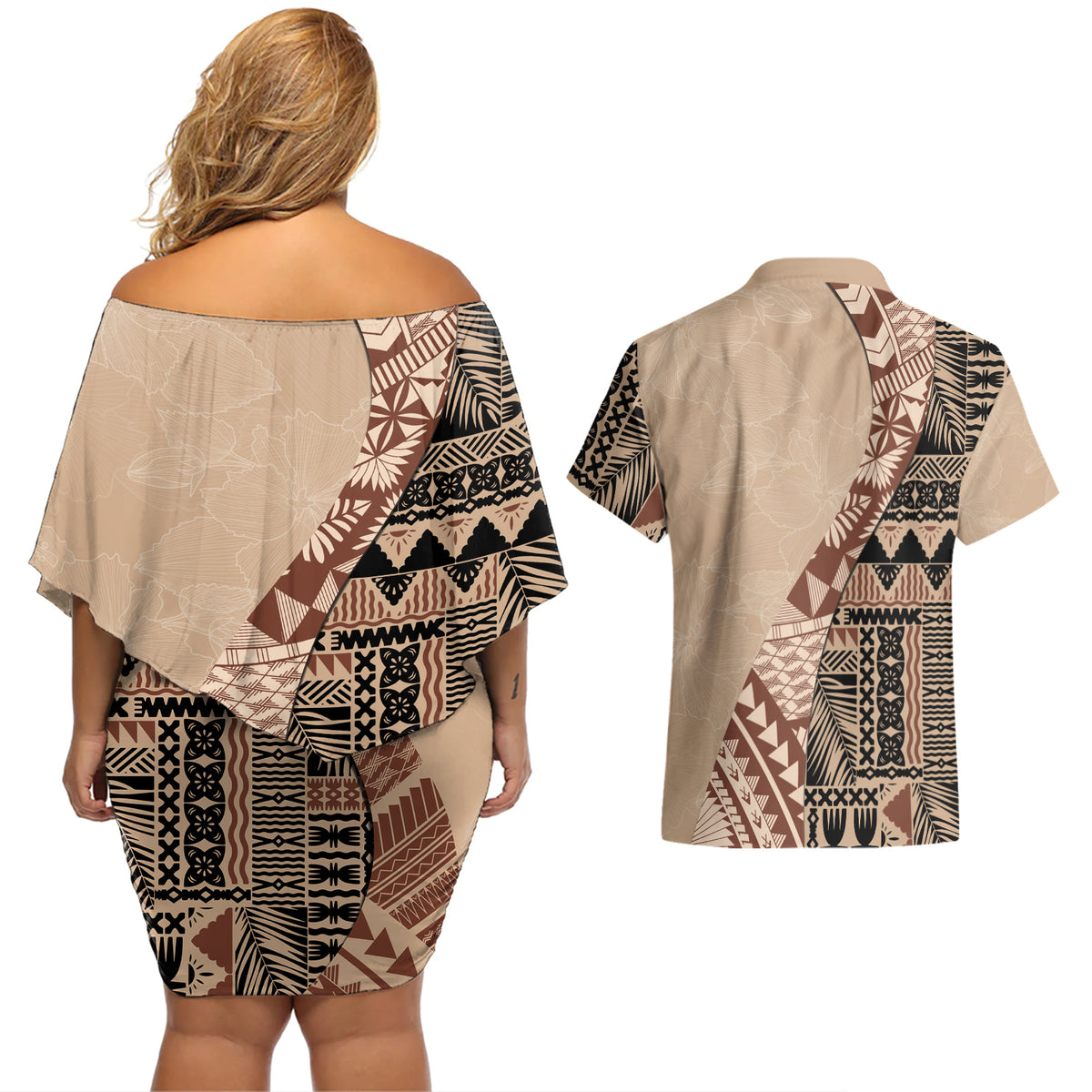Bula Fiji Couples Matching Off Shoulder Short Dress and Hawaiian Shirt Tribal Masi Tapa - Beige LT7 - Wonder Print Shop