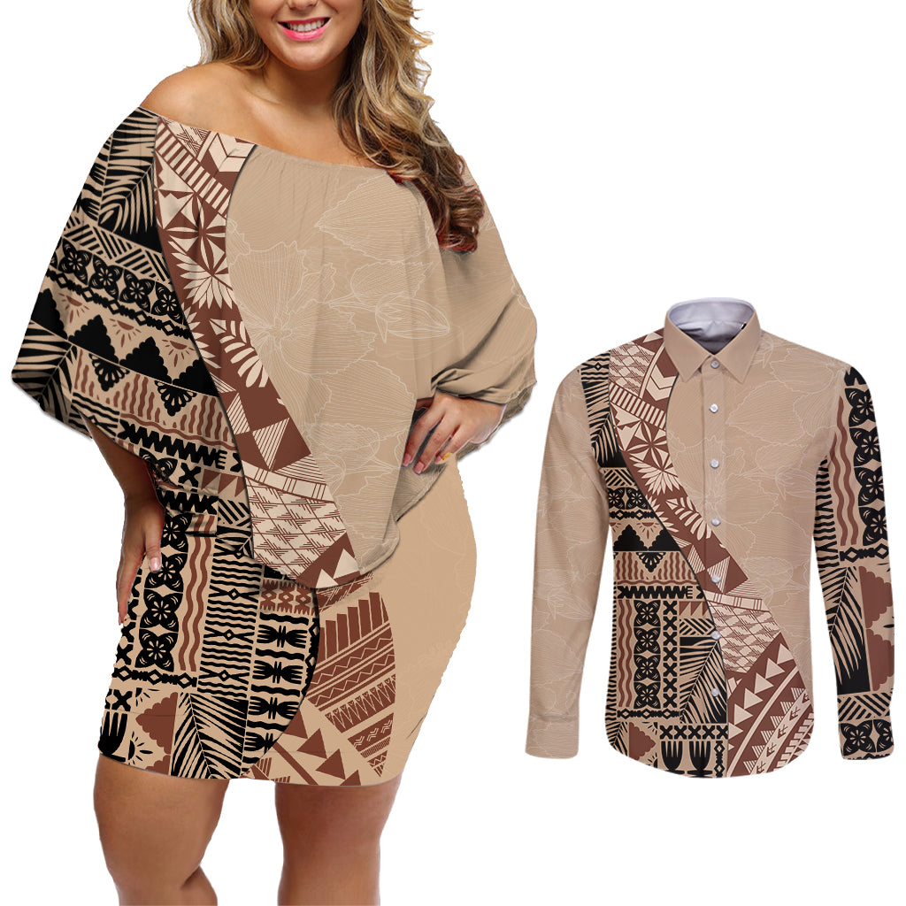 Bula Fiji Couples Matching Off Shoulder Short Dress and Long Sleeve Button Shirt Tribal Masi Tapa - Beige LT7 - Wonder Print Shop