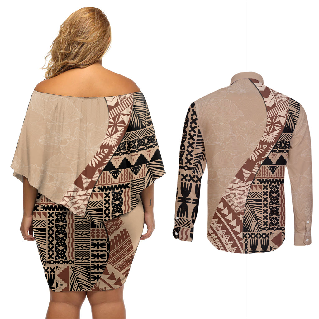 Bula Fiji Couples Matching Off Shoulder Short Dress and Long Sleeve Button Shirt Tribal Masi Tapa - Beige LT7 - Wonder Print Shop