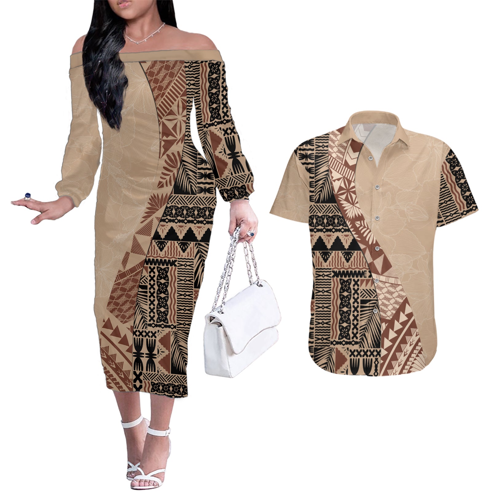 Bula Fiji Couples Matching Off The Shoulder Long Sleeve Dress and Hawaiian Shirt Tribal Masi Tapa - Beige LT7 - Wonder Print Shop