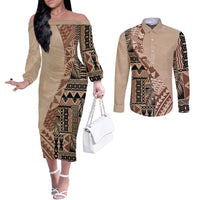 bula-fiji-couples-matching-off-the-shoulder-long-sleeve-dress-and-long-sleeve-button-shirt-tribal-masi-tapa-beige
