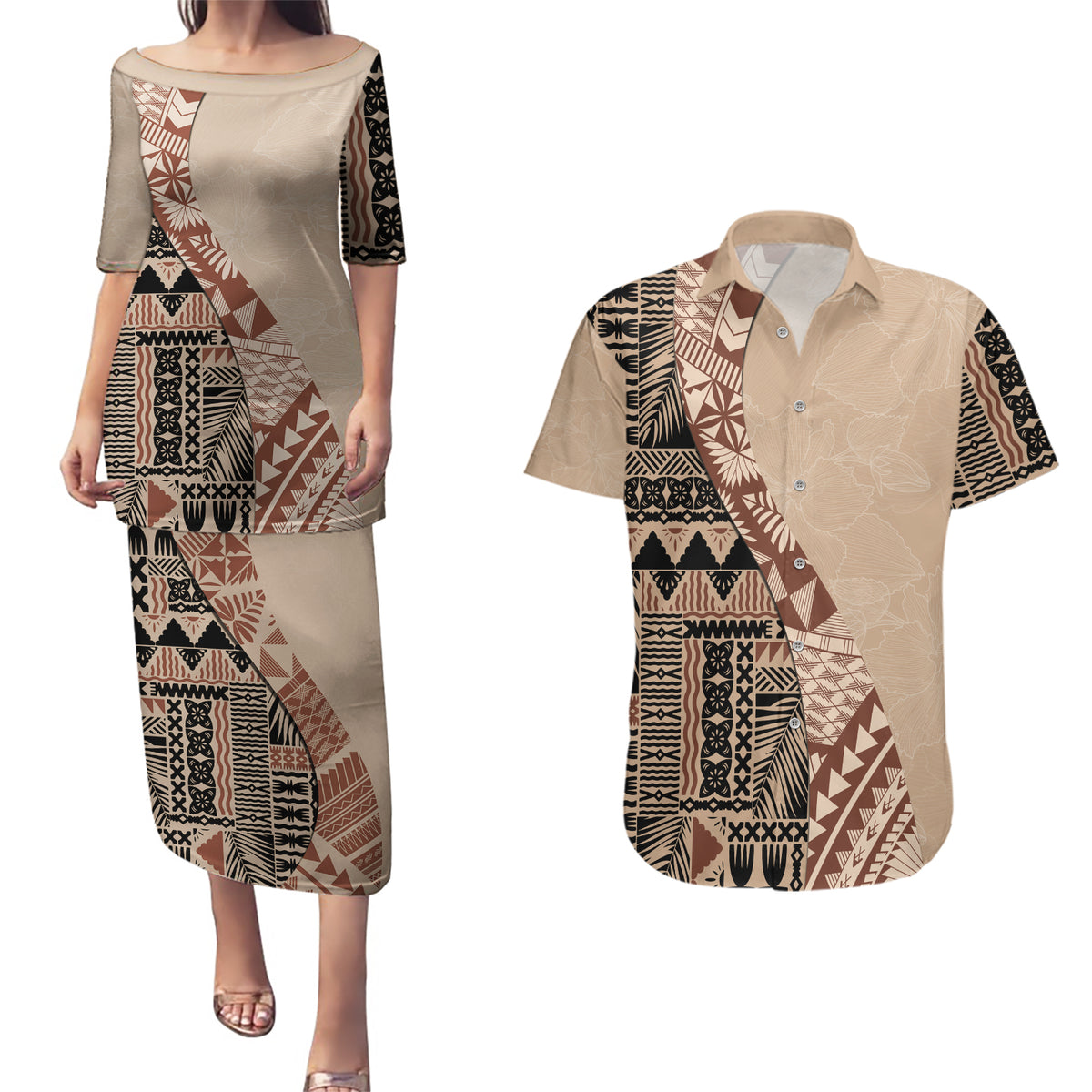 Bula Fiji Couples Matching Puletasi Dress and Hawaiian Shirt Tribal Masi Tapa - Beige LT7 - Wonder Print Shop