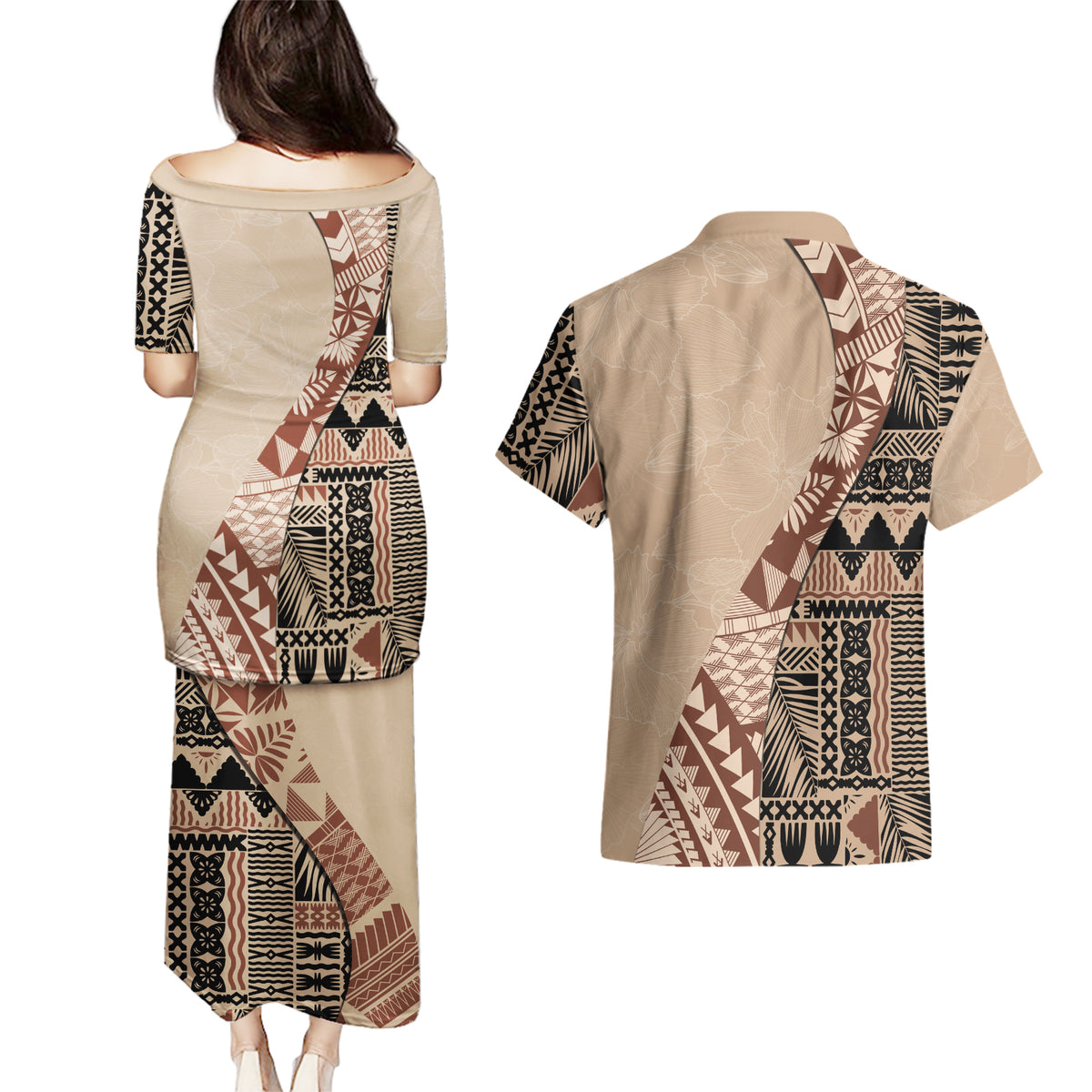 Bula Fiji Couples Matching Puletasi Dress and Hawaiian Shirt Tribal Masi Tapa - Beige LT7 - Wonder Print Shop