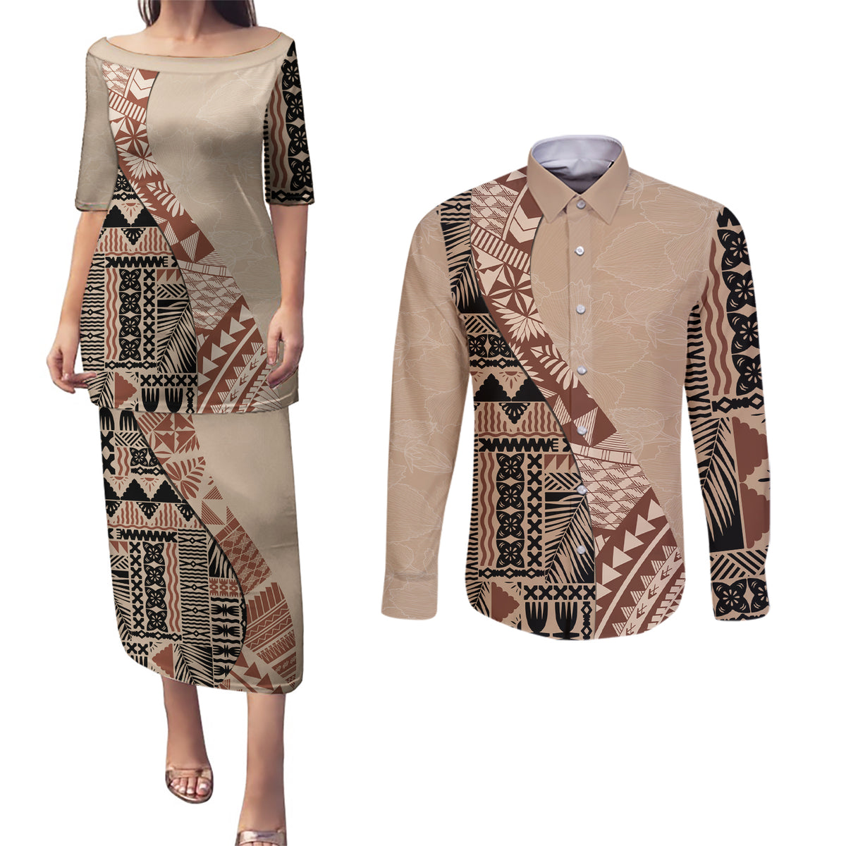 Bula Fiji Couples Matching Puletasi Dress and Long Sleeve Button Shirt Tribal Masi Tapa - Beige LT7 - Wonder Print Shop