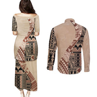 Bula Fiji Couples Matching Puletasi Dress and Long Sleeve Button Shirt Tribal Masi Tapa - Beige LT7 - Wonder Print Shop
