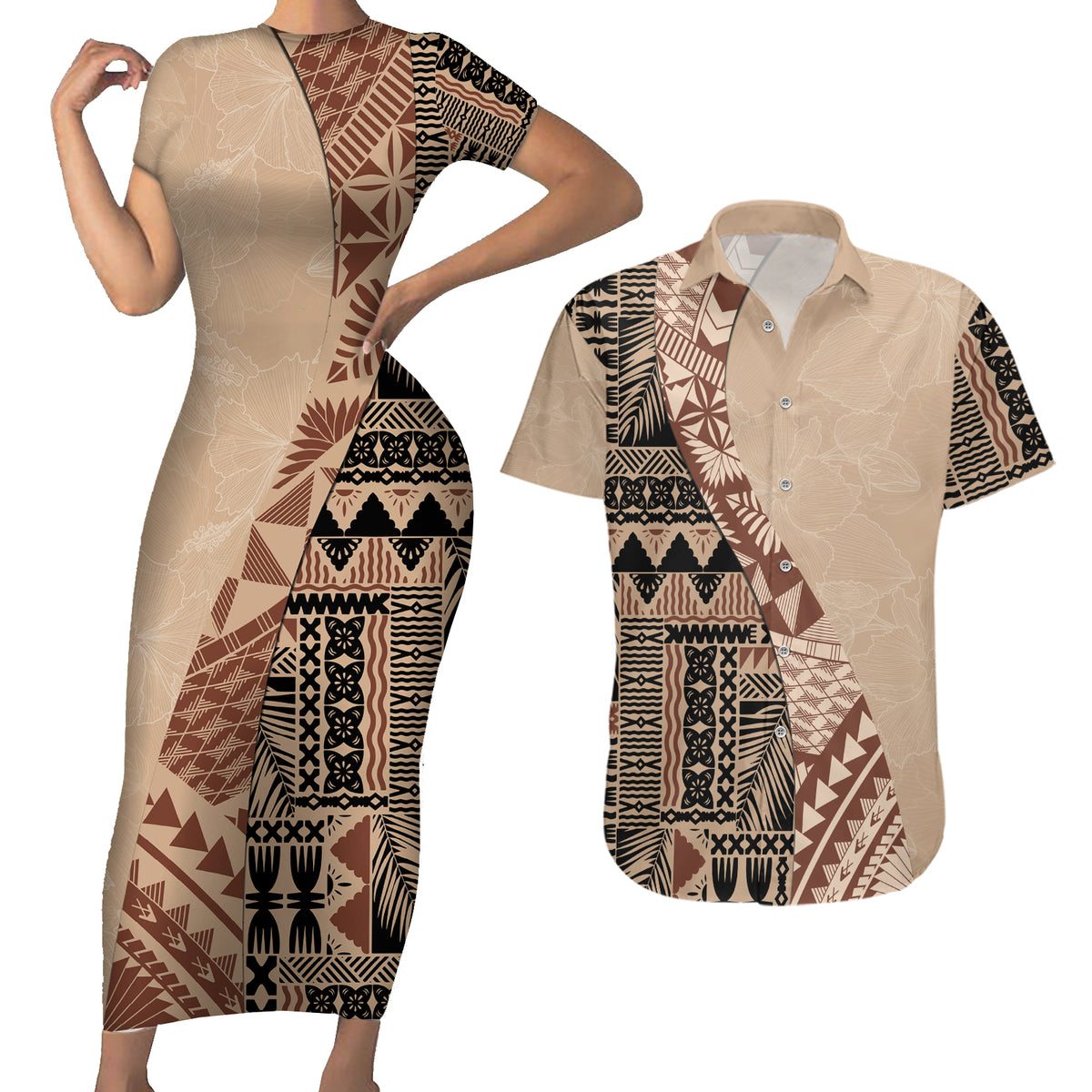 Bula Fiji Couples Matching Short Sleeve Bodycon Dress and Hawaiian Shirt Tribal Masi Tapa - Beige LT7 - Wonder Print Shop