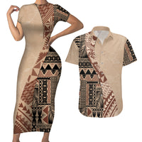 Bula Fiji Couples Matching Short Sleeve Bodycon Dress and Hawaiian Shirt Tribal Masi Tapa - Beige LT7 - Wonder Print Shop