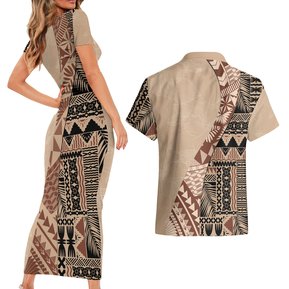 Bula Fiji Couples Matching Short Sleeve Bodycon Dress and Hawaiian Shirt Tribal Masi Tapa - Beige LT7 - Wonder Print Shop